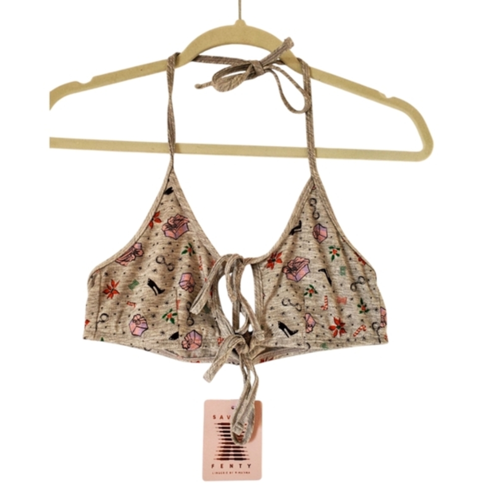 Savage X Fenty Tie Front Bralette Tis‎ The Savage Holiday Print Size Small NWT